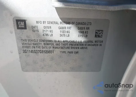 2016 Chevrolet Impala 2Lz из США, поврежденный, VIN 2G1145S37G9129651